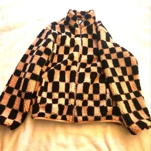 Black and brown furry checker print jacket